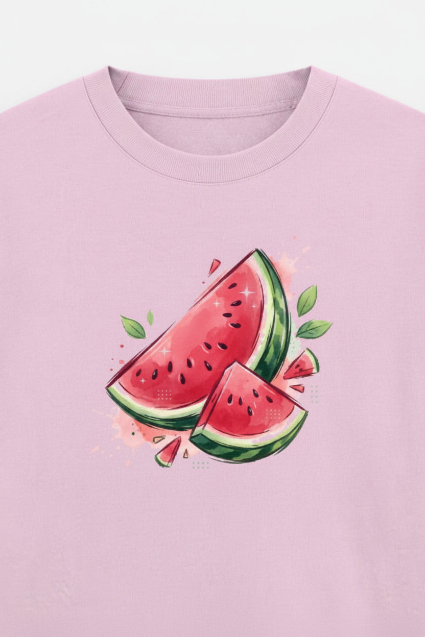 A light pink short-sleeve t-shirt with a watercolor graphic of watermelon slices on the chest, displayed against a light gray background.
