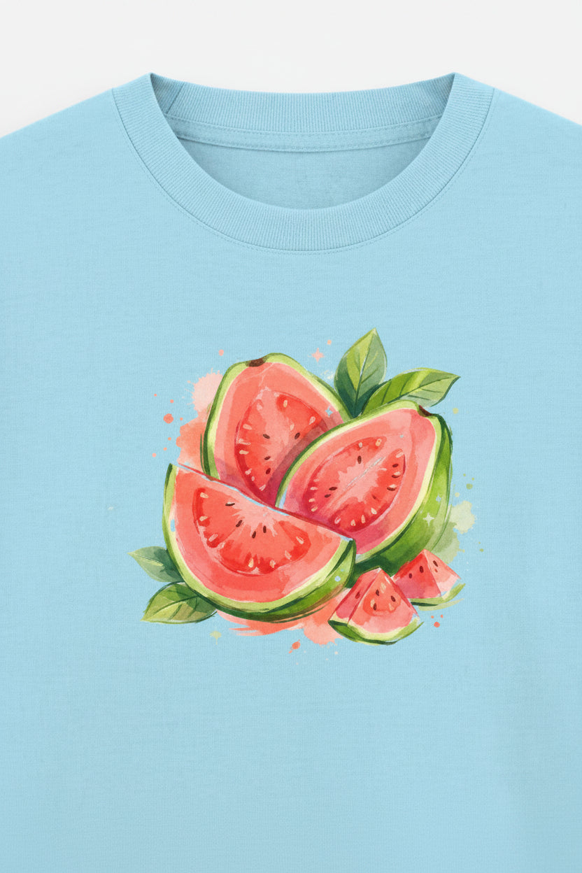 A light blue short-sleeve t-shirt with a watercolor-style graphic of sliced watermelons on the chest, displayed against a light gray background.